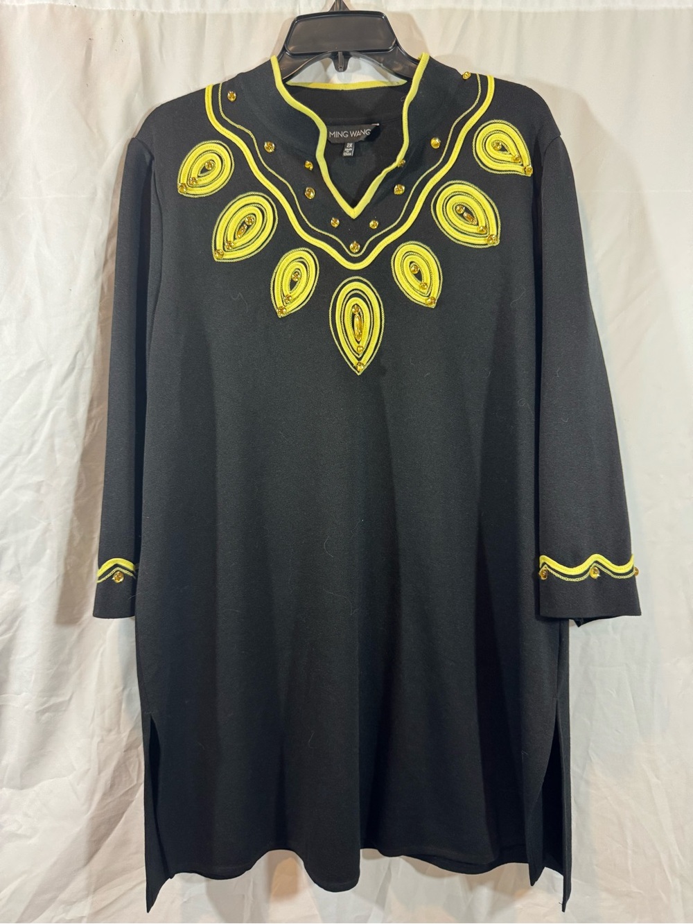 Ming Wang Black Tunic with Bright Yellow Embroidered Motifs 2X